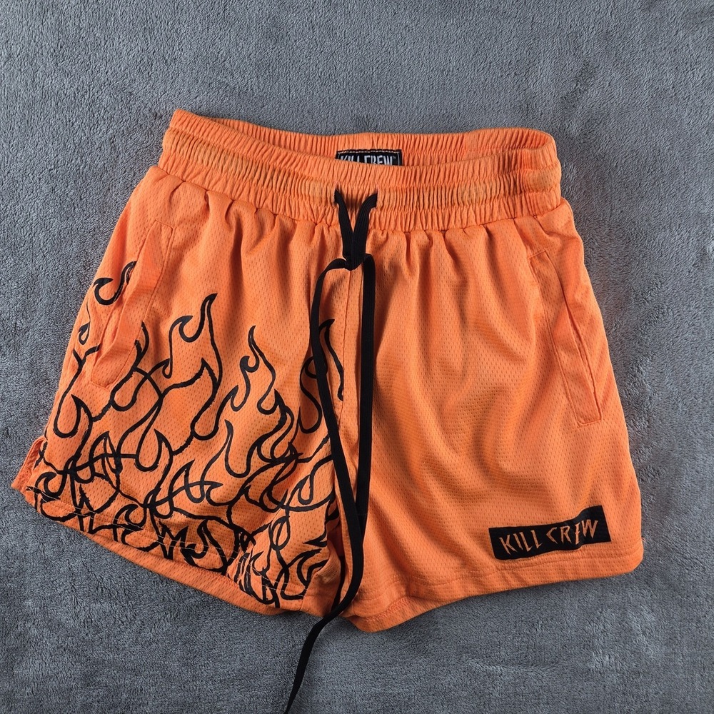 Kill Crew Muay Thai Flame Shorts Mens S Orange Black Mid Thigh Cut Athletic Gym